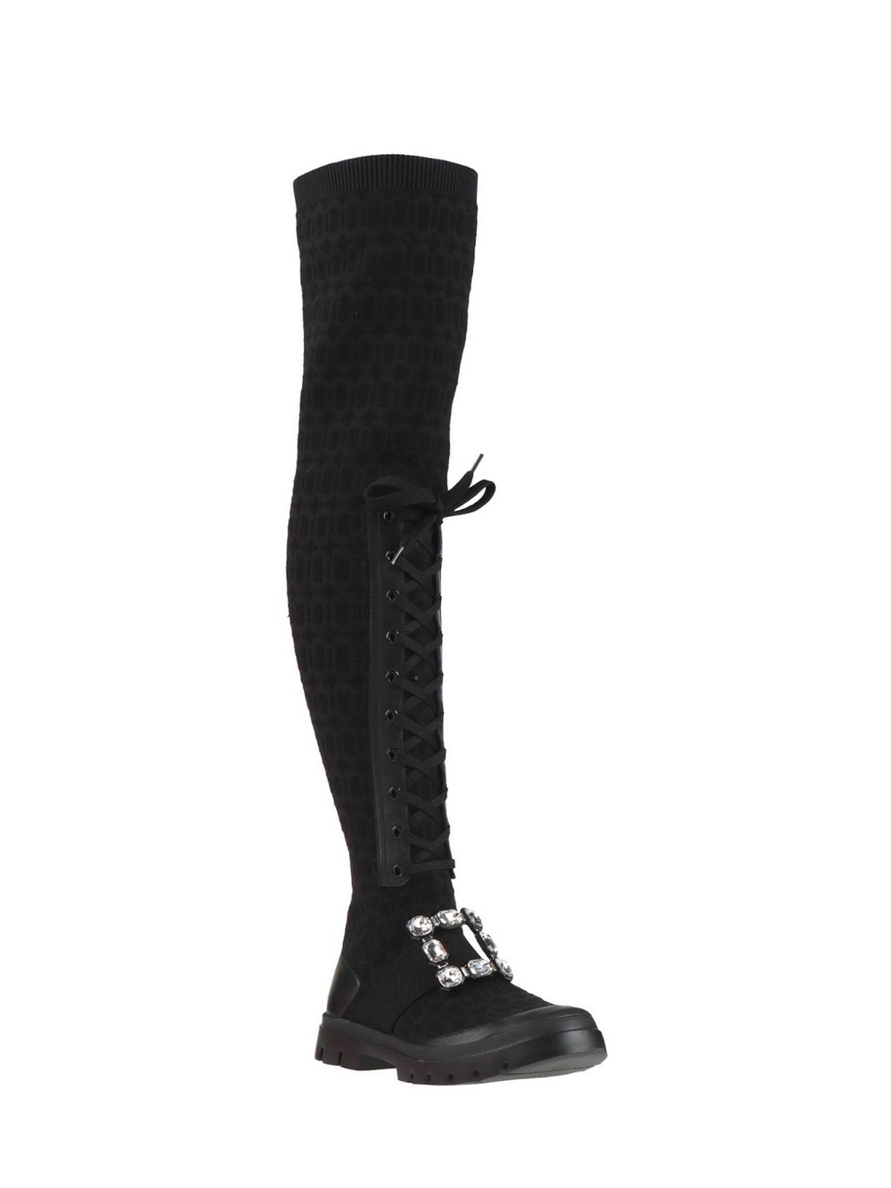 Roger Vivier Black Over-the-Knee Lace-Up Boot with Crystal Buckle